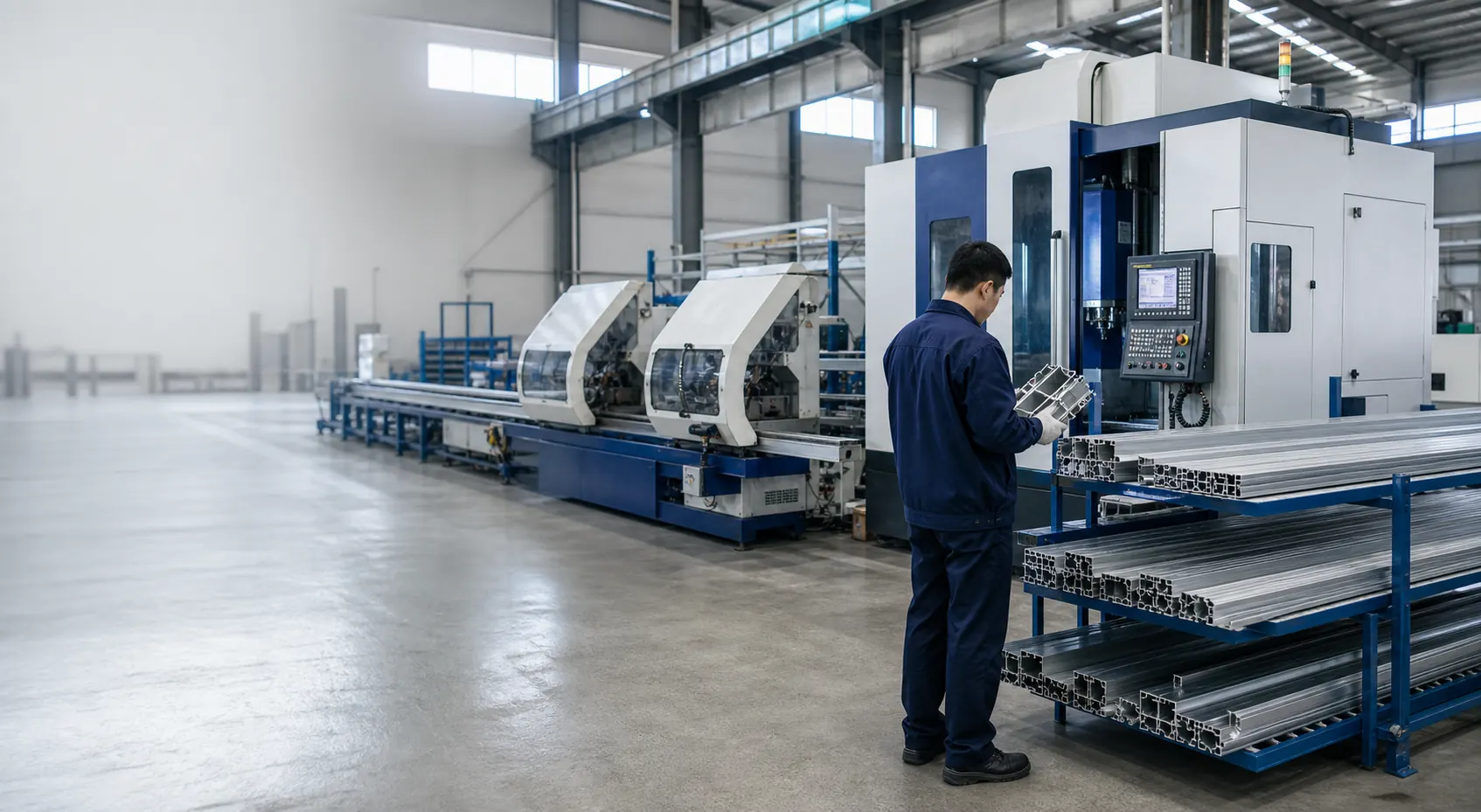 Aluminum processing equipment workshop with CNC machining, cutting saws, and profile inspection